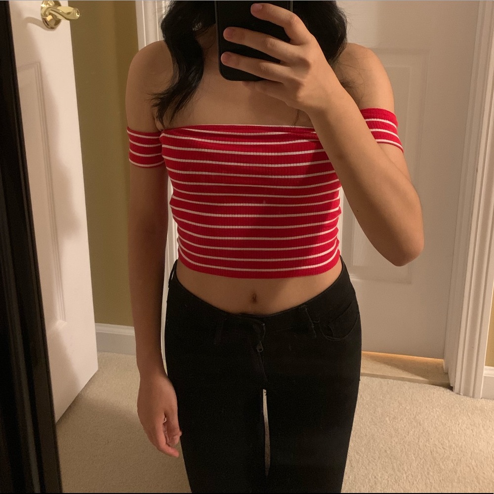 Red and white striped off the shoulder top